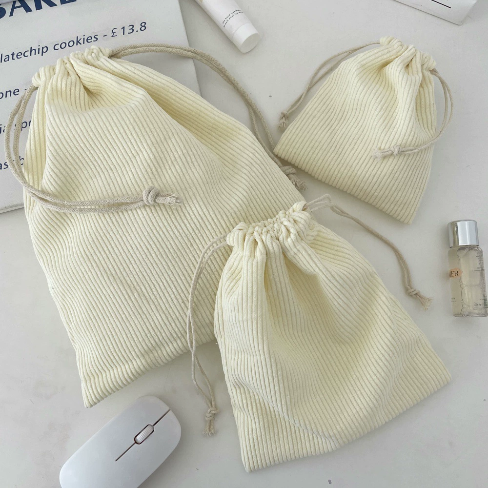 Corduroy Cosmetic Drawstring Bag Set, Handheld 3-Piece Kit — Small/Medium/Large