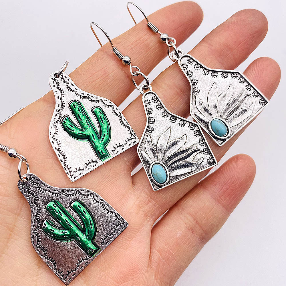 1 Pair Fashion Cactus Metal Inlay Turquoise Women's Drop Earrings display picture 5