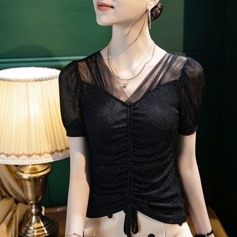 2022 Summer New Black Bright Silk Mesh Stitching Top Women's Puff Sleeve Elegant Short Sleeve Sexy T-Shirt for Summer 2022 Summer New Black Bright Silk Mesh Stitching Top Women's Puff Sleeve Elegant Short Sleeve Sexy T-Shirt for Summer