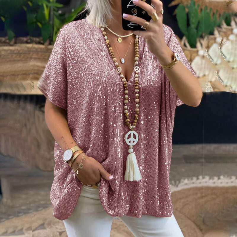 Maglietta da donna a maniche corte, casual, urbana, ampia, con paillettes e scollo a V, colore a contrasto._voghion.com
