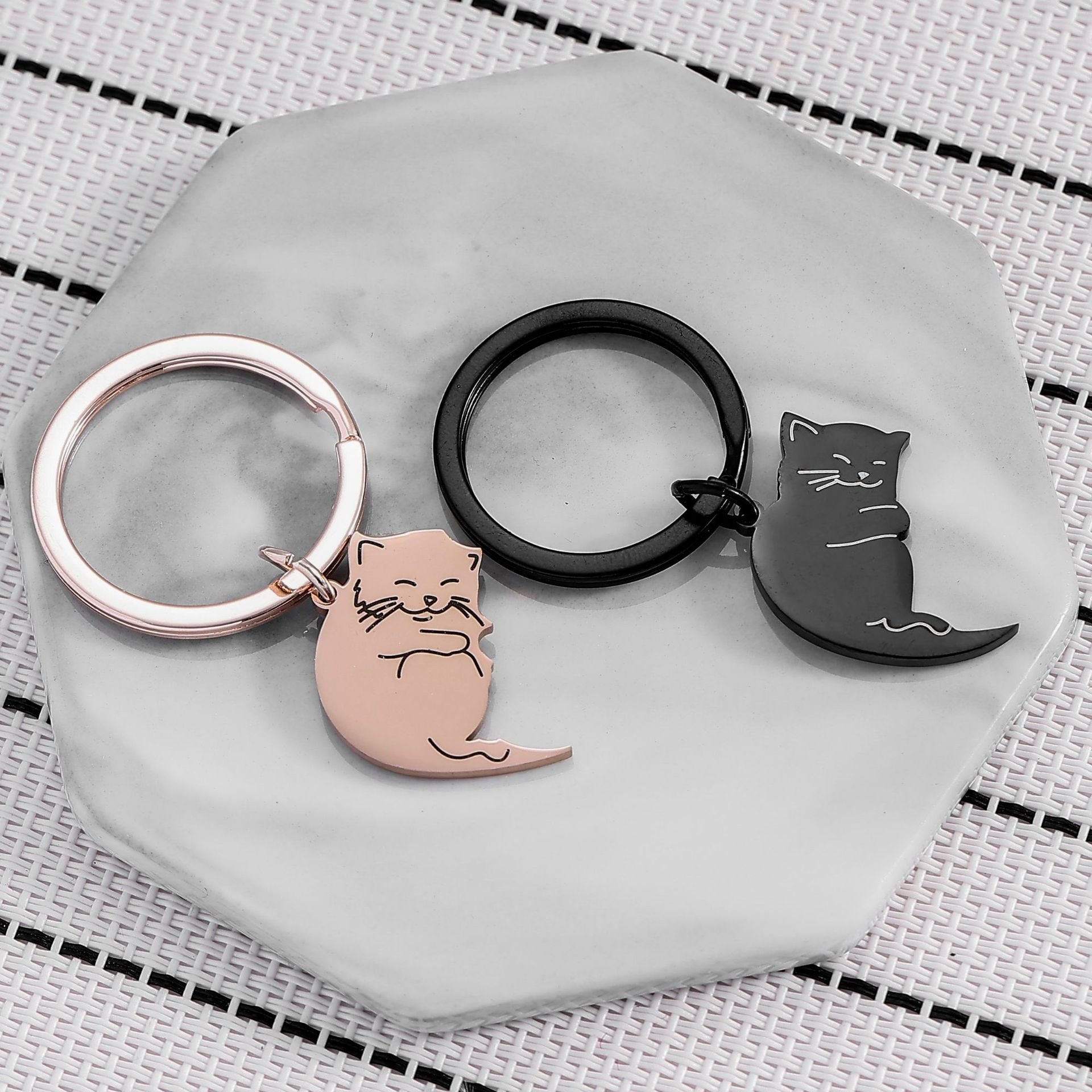 Couple Gender Cute Style 1 Pair Cute Cat 201 Stainless Steel Couple Bag Pendant Keychain