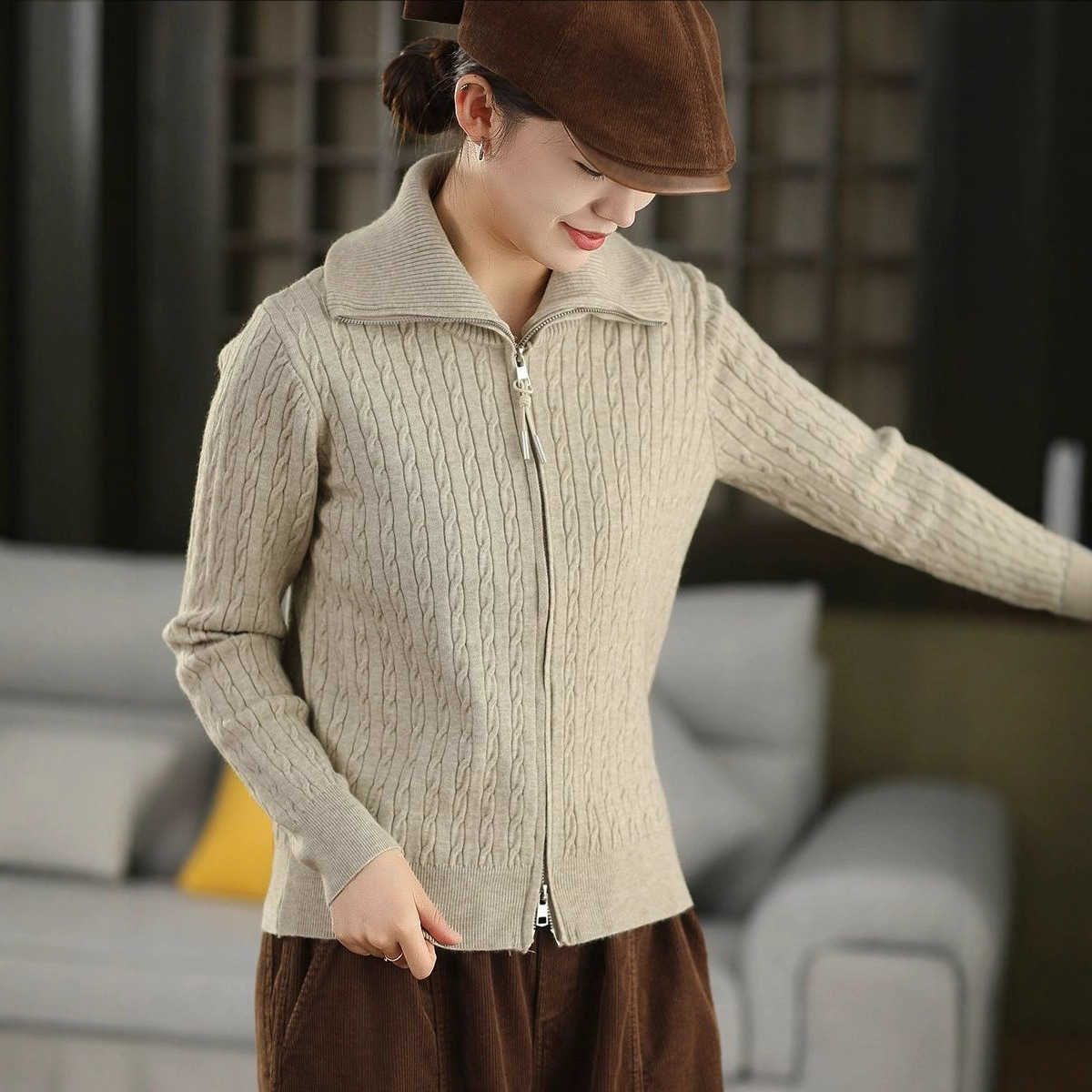 双拉链针织开衫 2025冬季新款 小版型毛衣外套女麻花加厚上衣2541