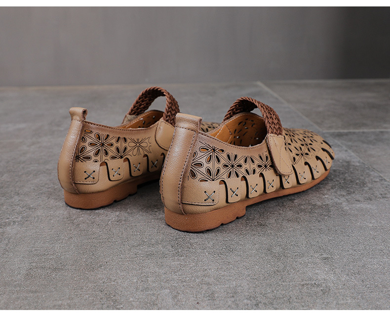 Sandal nữ da bò thật đế bệt phong cách retro họa tiết rỗ — màu trắng chi tiết 12