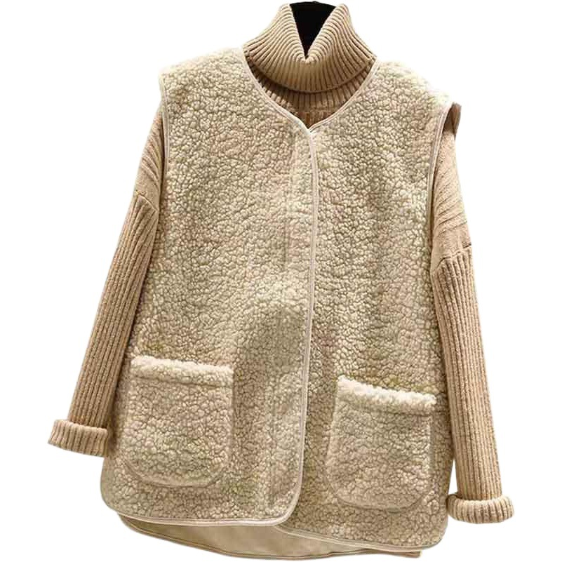 ラムウールベスト レディース 2026秋冬新作 韓国風 万能 外出着 レザー一体型ベスト ファー付きベスト ジャケット