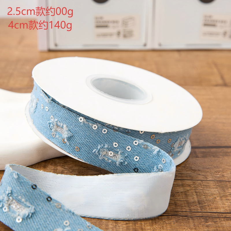 勾边亮片直切牛仔织带 DIY头饰蝴蝶结丝带服装辅料配件牛仔布料带|undefined