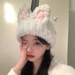 新款可爱毛绒兔耳朵帽子女秋冬保暖针织帽护耳显脸小冷帽包头帽潮