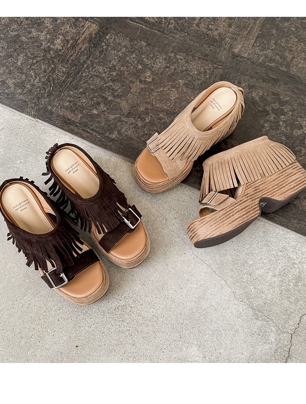 Sandal nữ hở mũi đế dày gót 11 cm tua rua quai ngang khóa — nâu sẫm chi tiết 14