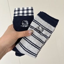 KT猫可爱刺绣袜子女秋冬新款蓝色拼接双罗口泡泡学院风中筒堆堆袜