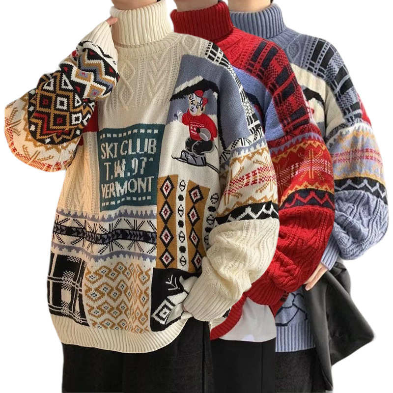 Cross-Border Popular European Size Large Size Spliced ​​Sweater Men's Turtleneck Embroidered Bear Christmas Halloween Factory Wholesale