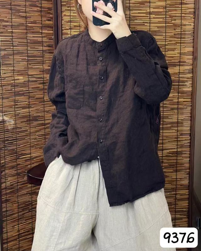 新品韩版宽松简约砂洗亚麻立领纯色衬衫百搭休闲衬衣女|undefined