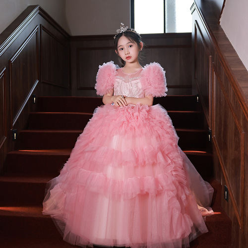 Pink Western-style children's piano performance costume with train, flower child princess dress model fashion show gown for girls, winter