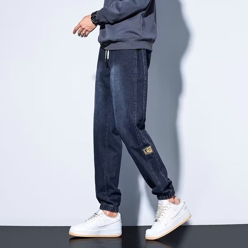 2024 primavera y otoño pantalones vaqueros de cintura elástica todo fósforo para hombres, pantalones de pierna ancha rectos sueltos para adolescentes de la calle principal