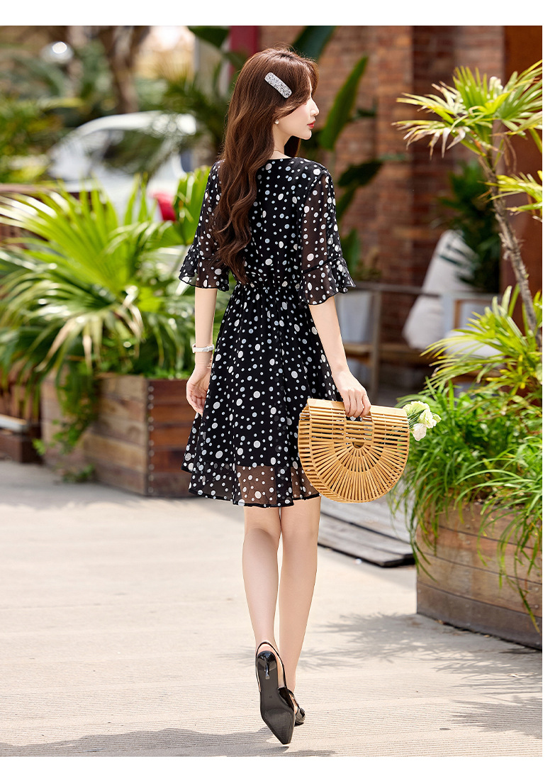 Đầm maxi nữ thắt eo cổ V in chấm bi đỏ — màu đen, màu đỏ chi tiết 16
