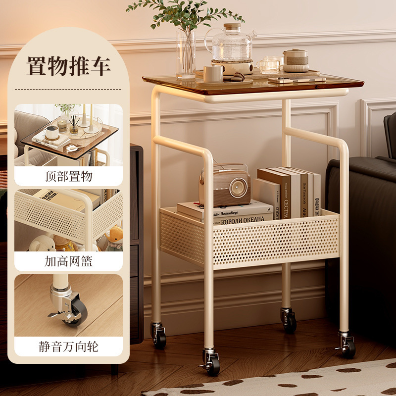 可移动小推车中古风沙发边几桌子客厅带轮茶几卧室床边零食置物架|undefined
