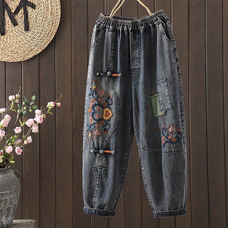 Vintage Ethnic Style Embroidered Denim Cropped Pants for Women, 2026 Autumn New Loose Plus-Size Thin Harem Pants Trendy Vintage Ethnic Style Embroidered Denim Cropped Pants for Women, 2026 Autumn New Loose Plus-Size Thin Harem Pants Trendy