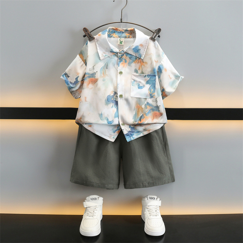 5711 Traje de manga corta de camisa de estilo occidental de verano para niños 2025 nuevo y hermoso vestido de verano para niños delgado tie-dye frito callejero