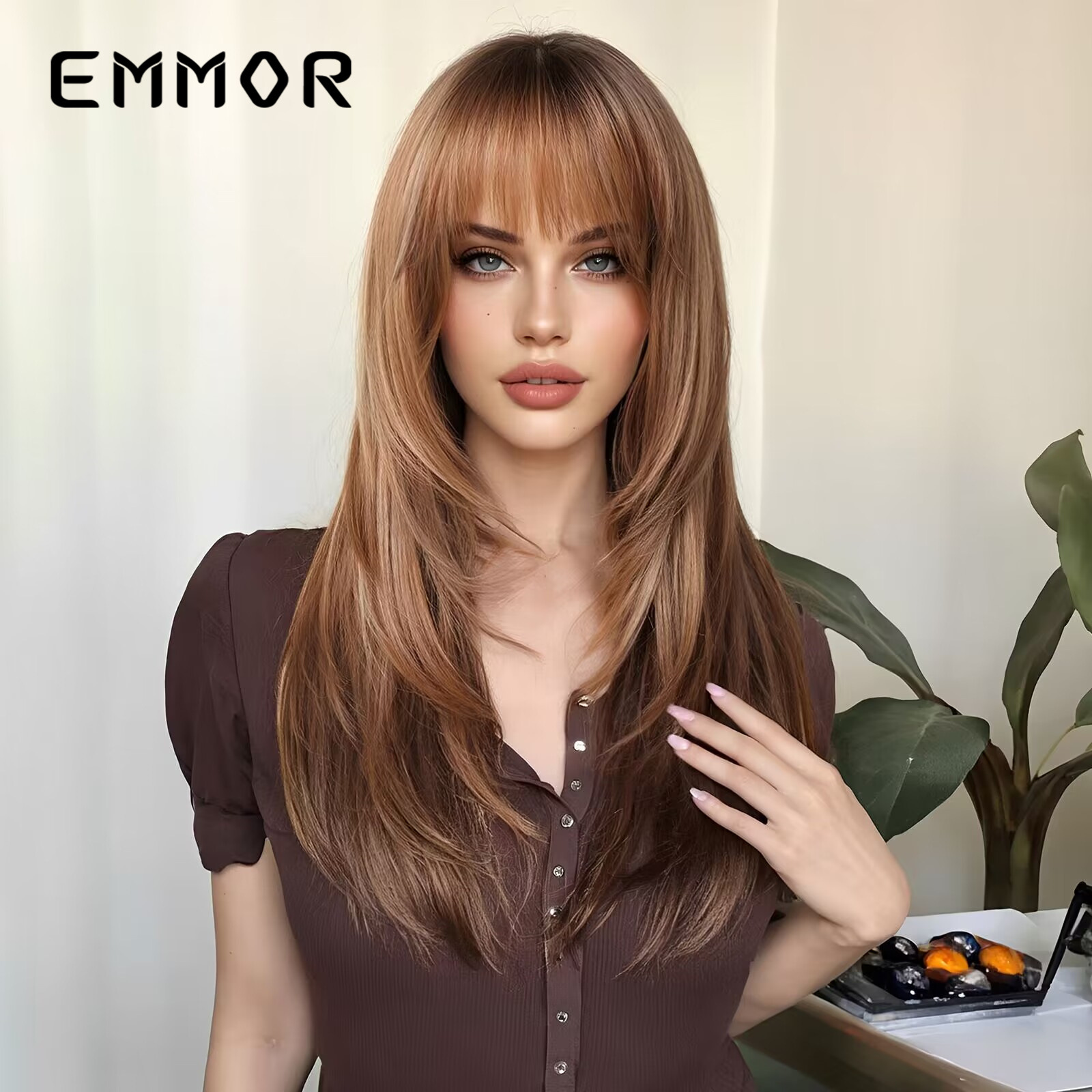 Qi flequillo gradiente de alto nivel marrón cabello largo y liso tiñido de cola de cabello estilo europeo y americano peluca de moda natural cabello completo wigs