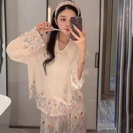 小红书直播款春秋冰雪丝睡衣女长袖开衫高级感定位花家居服套装