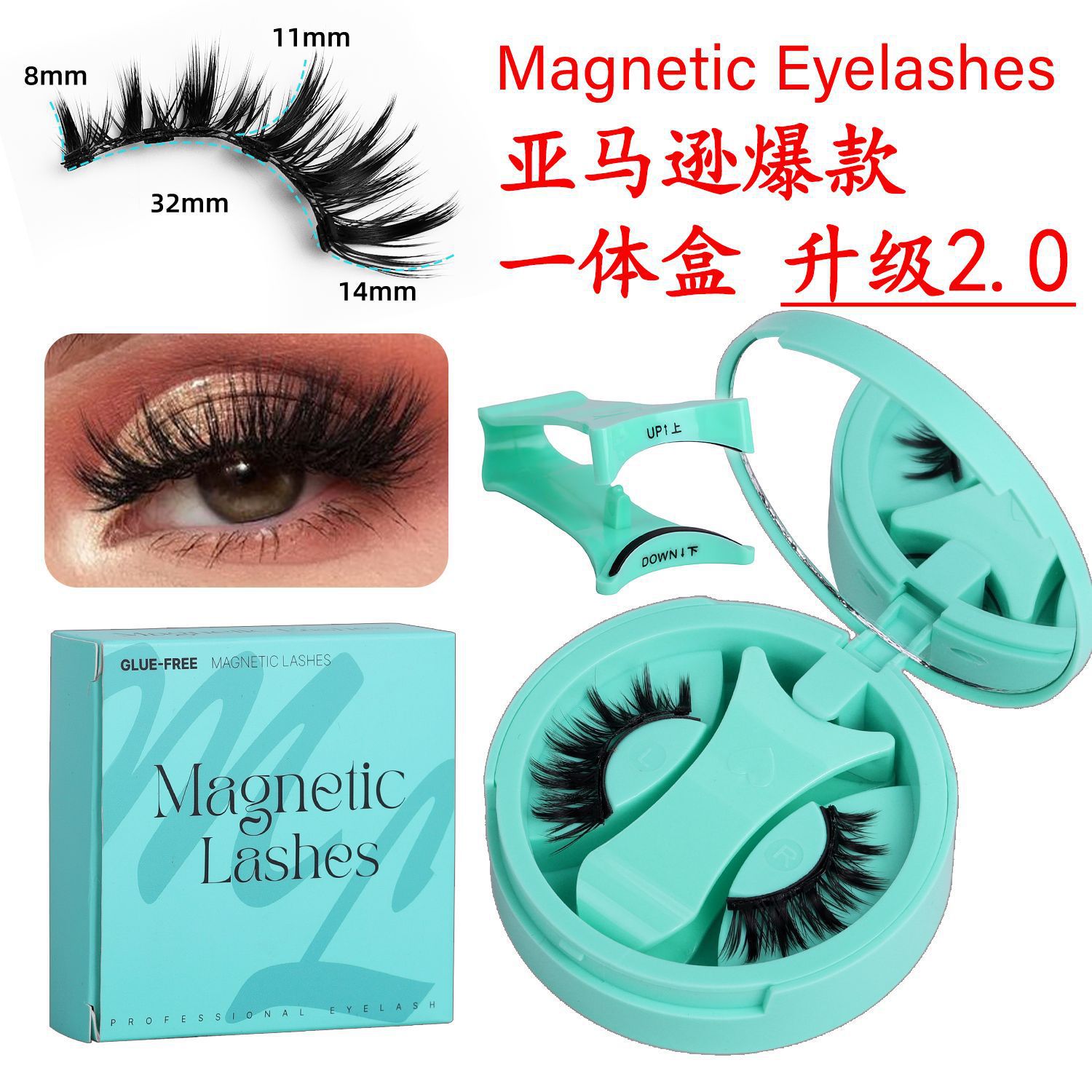 Las pestañas falsas de absorción magnética transfronterizas de la mujer natural menta verde en una caja imán duro ojos falsos pestañas de ojos