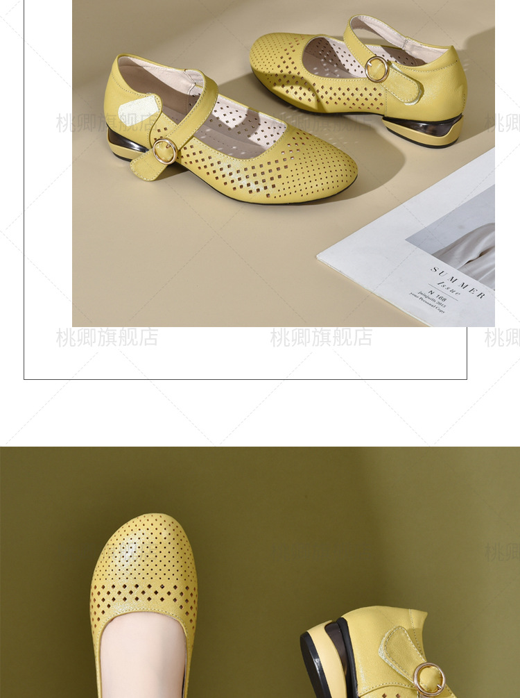 Giày sandal nữ đế xuồng mùa hè da thật thoáng khí mũi tròn bít mũi khoét lỗ — Màu đen chi tiết 18