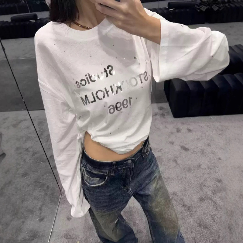High Version Ac New Product 1996 Mirror Printed Letters High Pressure Hot Diamond Loose Long Sleeve Sun Protection Female Couple Trendy Brand t
