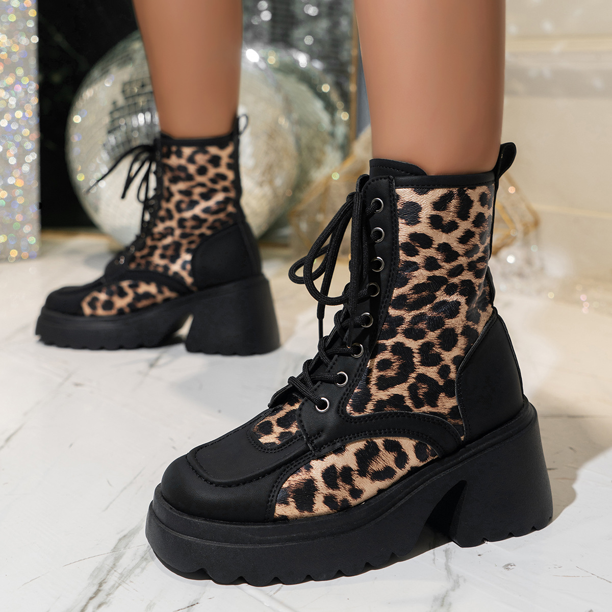 Leopard Print Short Boots For Women Autumn Lace Up Thick Sole Large Size Fashion New_voghion.com