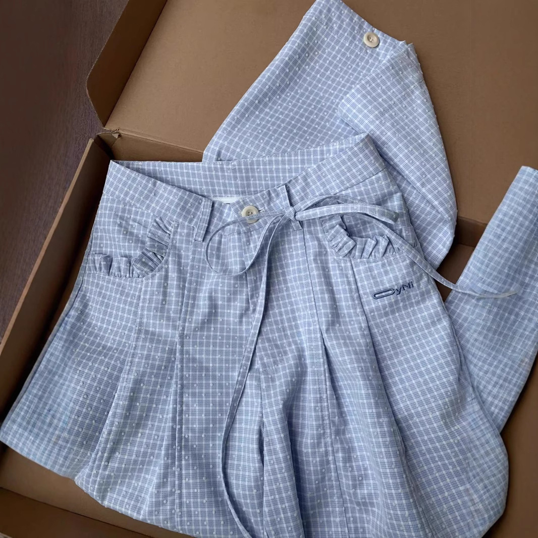 Milk Blue Plaid Casual Pants Women's Summer 2025 New Arrival High-Waist Yamamoto Walking Wutong Wide-Leg Ear-Edge Pants