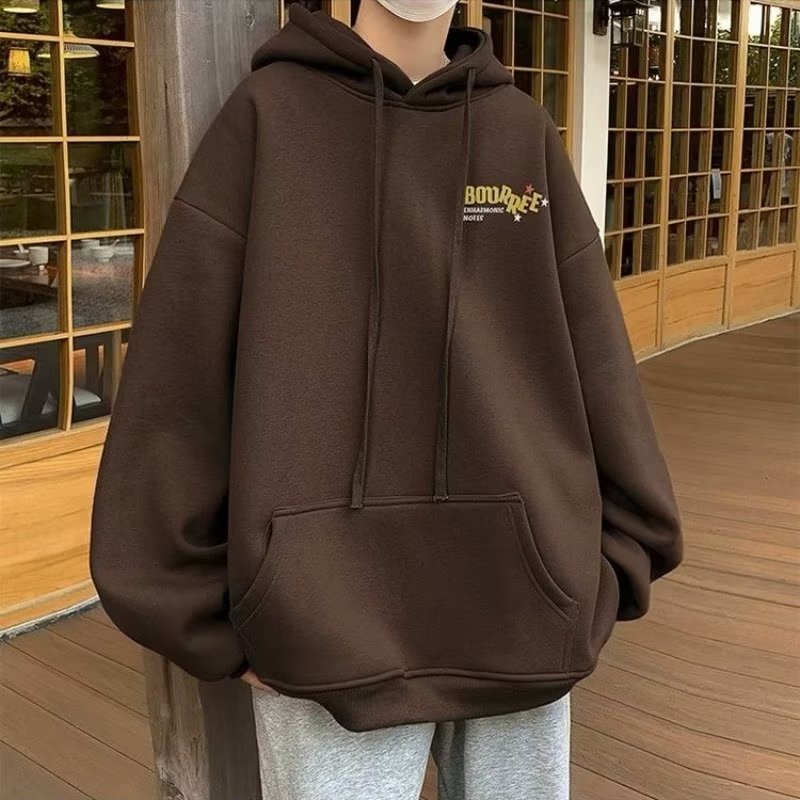 2024 Trendy Niche Boyfriend Style Autumn and Winter Hooded Sweat Couples fleece-lined Thickened Casual Loose Top