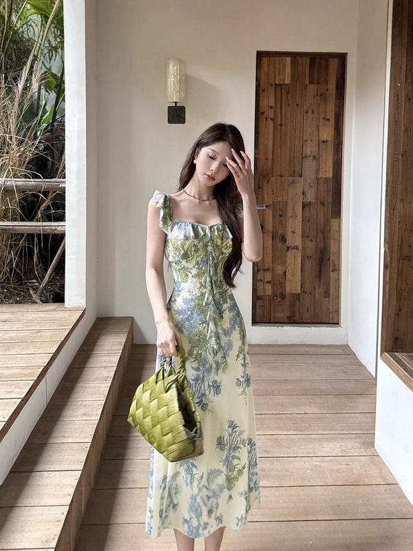 伊莉雅莫奈绿色花园荷叶边收腰连衣裙女 夏季气质优雅长裙JY25405|undefined