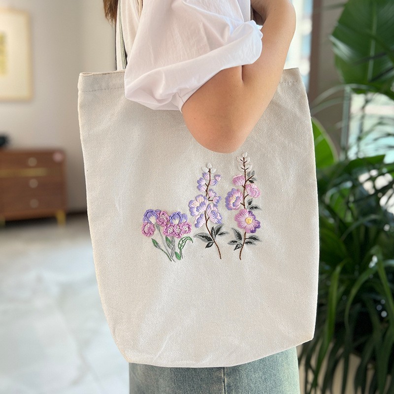 Hecho a mano DIY cinta bordada bolsa de lona Lu bordado solo hombro bolso tridimensional bordado flor lienzo mujer bolsa grande