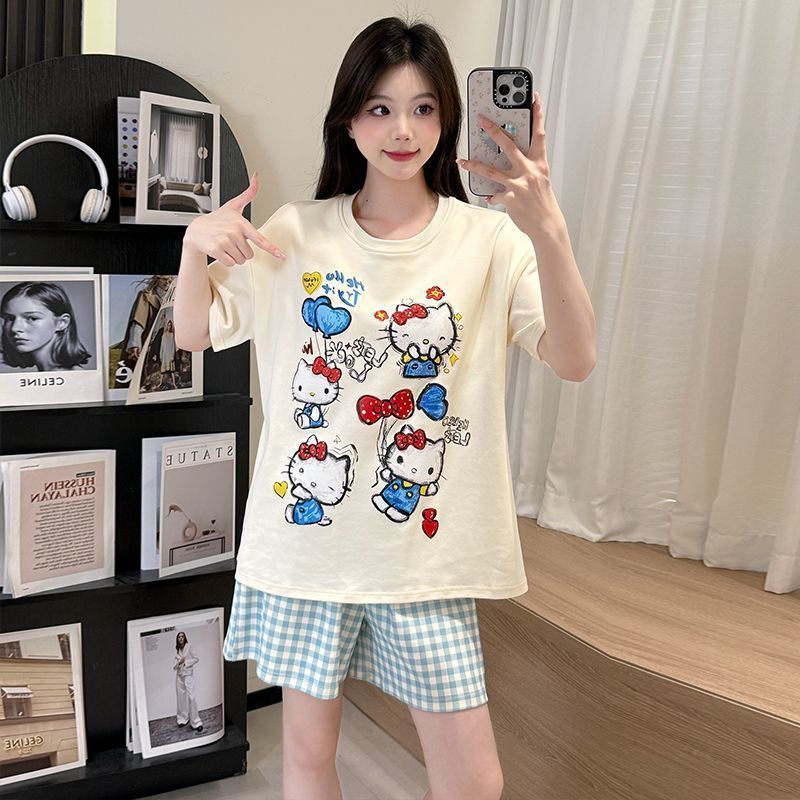 Venta al por mayor transfronteriza KT gato con almohadilla para el pecho pijamas mujeres verano manga corta traje de servicio a domicilio coreano lindo algodón nube
