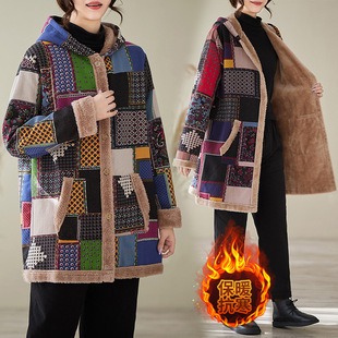 2024 Cotton Linen Printed Hooded Loose plus size fleece-lined Warm Plush Jacket