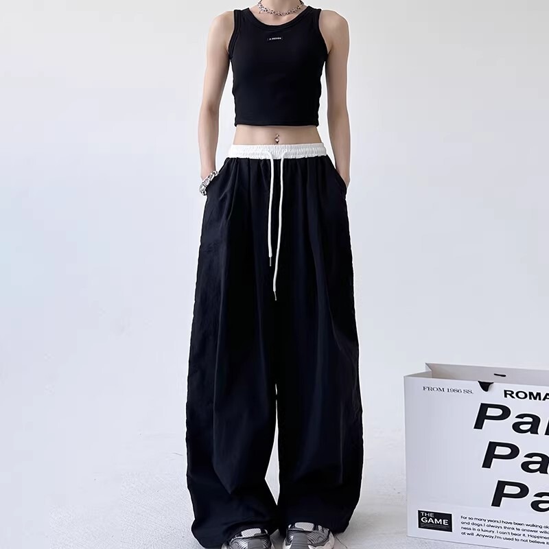 Summer Thin Quick-Dry Sports Pants for Women 2026 New Style Color-Blocking High-Waisted Loose Casual Floor-Length Wide-Leg Pants