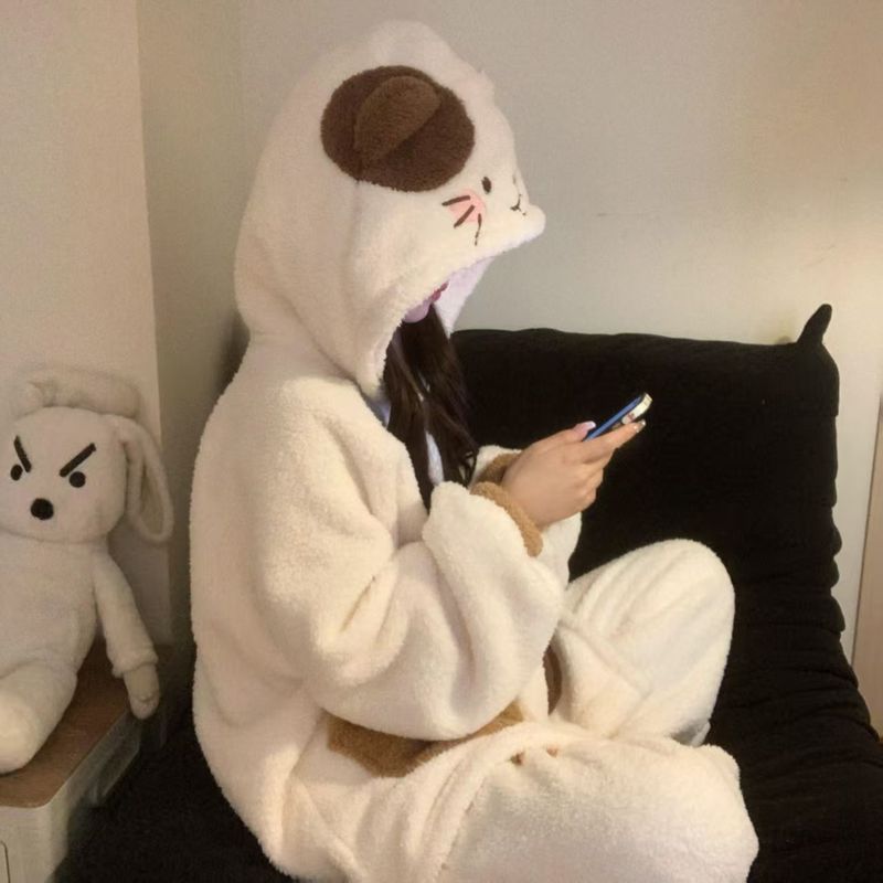甜美三色小猫睡衣女秋冬季保暖珊瑚绒长袖长裤套装美少女家居服|undefined