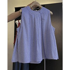 夏デザインルーズラウンドネックベストトップブルーノースリーブシャツ女性用