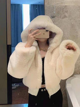 短款仿兔毛绒皮草外套女2024年冬季加厚棉服小个子毛茸茸连帽卫衣
