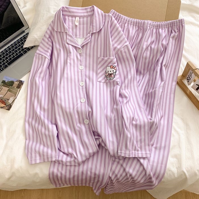 Al por mayor transfronterizo pijamas de terciopelo de mujeres otoño y invierno nuevos cardigans dulces dibujos animados rayas pantalones de manga larga ropa para el hogar