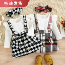 宝薪童装外贸韩版秋冬坑条上衣蝴蝶结飞袖格子背带裙女童两件套装