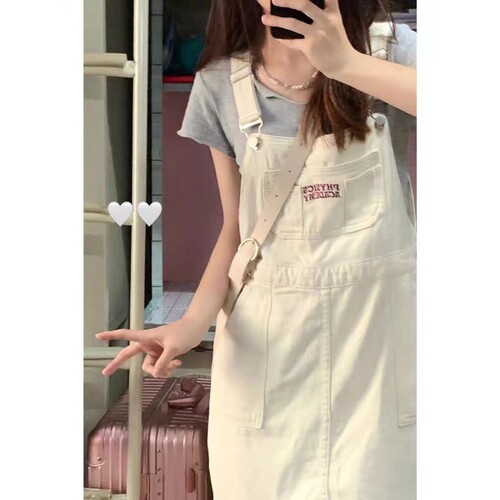 Plus-size plump girl's apricot-colored denim overalls skirt, women's spring and summer short skirt, loose-fitting slimming versatile age-reducing dress