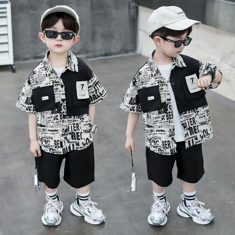 男の子夏半袖カラーシャツスーツ2025新作小中型子供夏子供パンツ男の子2点セット|undefined