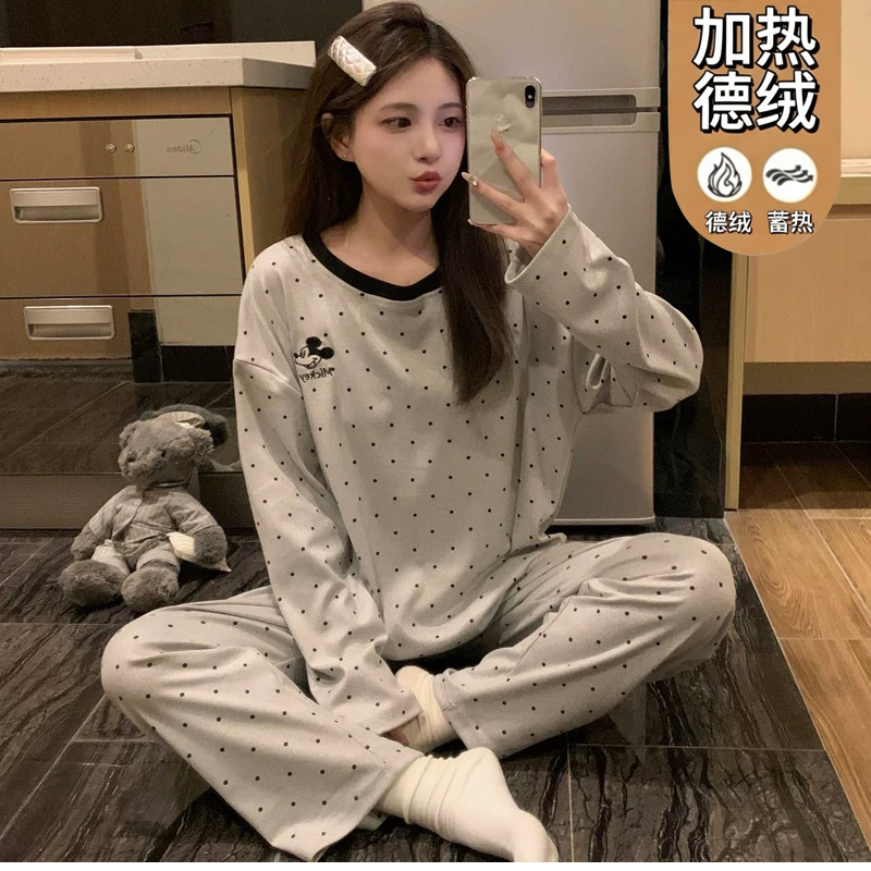 DeRong autumn and winter pajamas for women, long-sleeved, long-pants, casual, sweet, student-style, cartoon, Korean-style home wear set, thickened for warmth DeRong autumn and winter pajamas for women, long-sleeved, long-pants, casual, sweet, student-style, cartoon, Korean-style home wear set, thickened for warmth