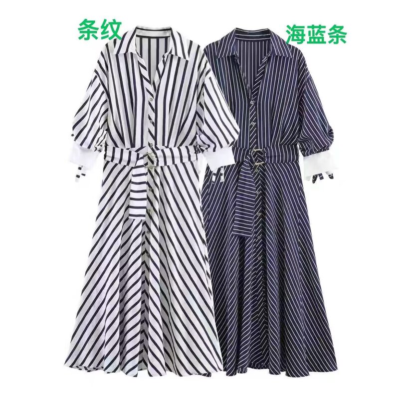 Taop&Za Women's Clothing 2026 Summer New Style Commuter Style Striped Midi Dress with Belt 5029252