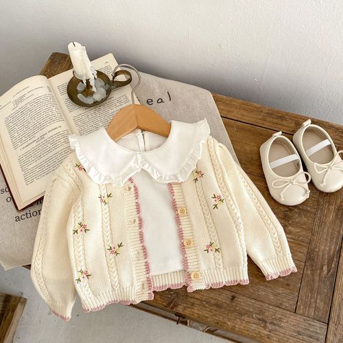  Autumn Internet celebrity cotton yarn versatile infant and baby girl baby small floral embroidered long-sleeved knitted cardigan jacket