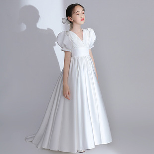 Girls' Evening Dress 2025 Summer New Satin Middle School Student Piano Competition Performance Clothing Manufacturer Supply