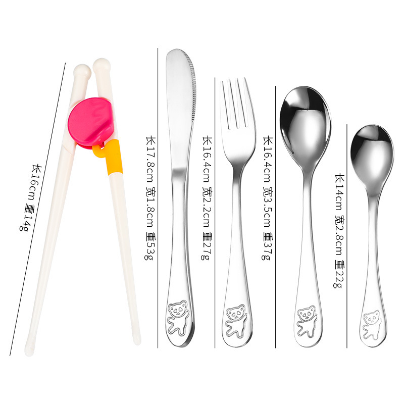 Creativo 304 de acero inoxidable cuchillo para niños, tenedor y cuchara palillos traje de dibujos animados de alto aspecto cuchara de entrenamiento Tenedor Oso vajilla