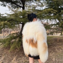 新款时尚潮流原毛原色自然花色滩羊毛皮毛一体女款外套蒙古羊毛