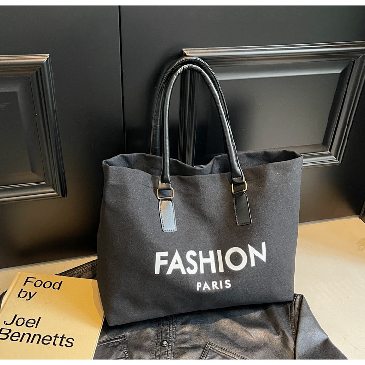 262g Weight Polyester Lining Material Open Closure Type Single Shoulder Strap Strap Type Tote Bag Bags Type Holiday, Daily Occasion Canvas Material Letter Pattern All Seasons Season Women's Gender Classic Style Style Square Shape Large Size Women's Large Canvas Letter Classic Style Square Open Tote Bag 4