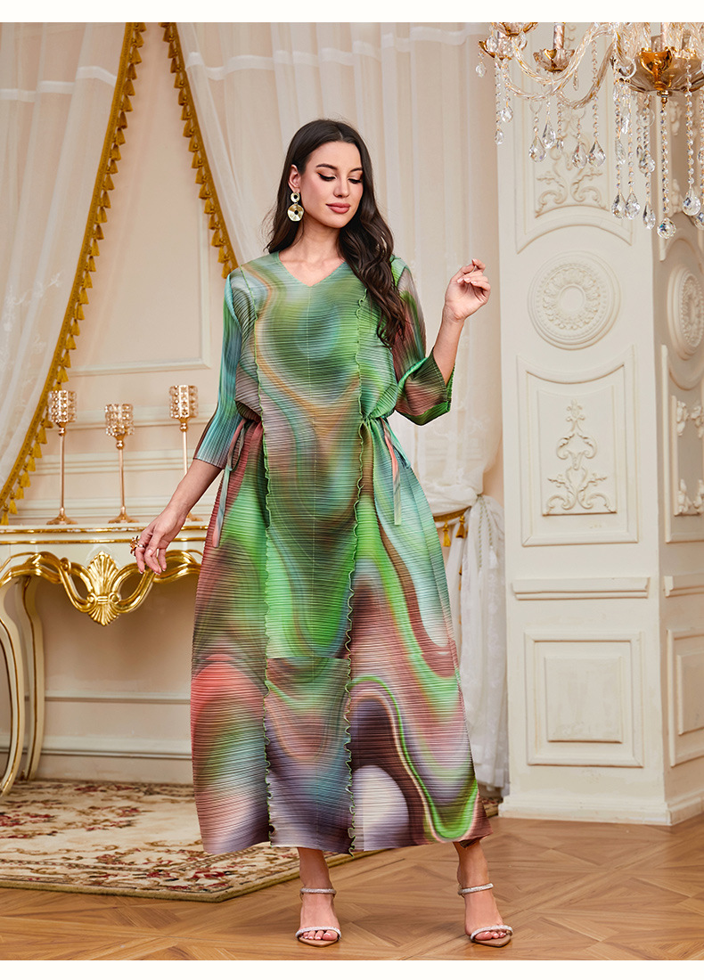 Middle Eastern Muslim Women's Clothing Foreign Trade: Saudi Arabia Dubai Printed Long Robe Abaya With Waist-Cinching_ecoleips.com