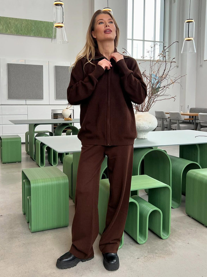 Bộ áo cardigan dệt kim khóa kéo phối quần dài ống rộng nữ — màu bột yến mạch, màu nâu, màu xám, trắng chi tiết 54