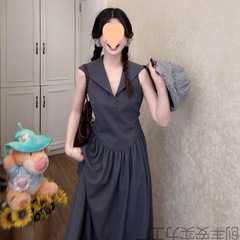 法式海军领灰色无袖连衣裙子女2025夏季新款今年流行爆小个子长裙